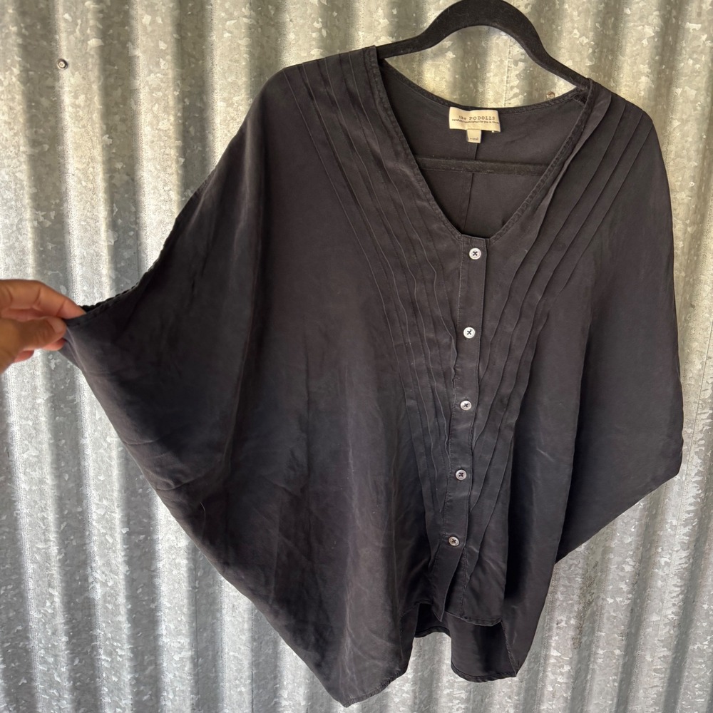 The Podolls Black 100% Silk Pintuck Pleat Dolman Sleeve Button Front Top XS boho - Picture 8 of 12